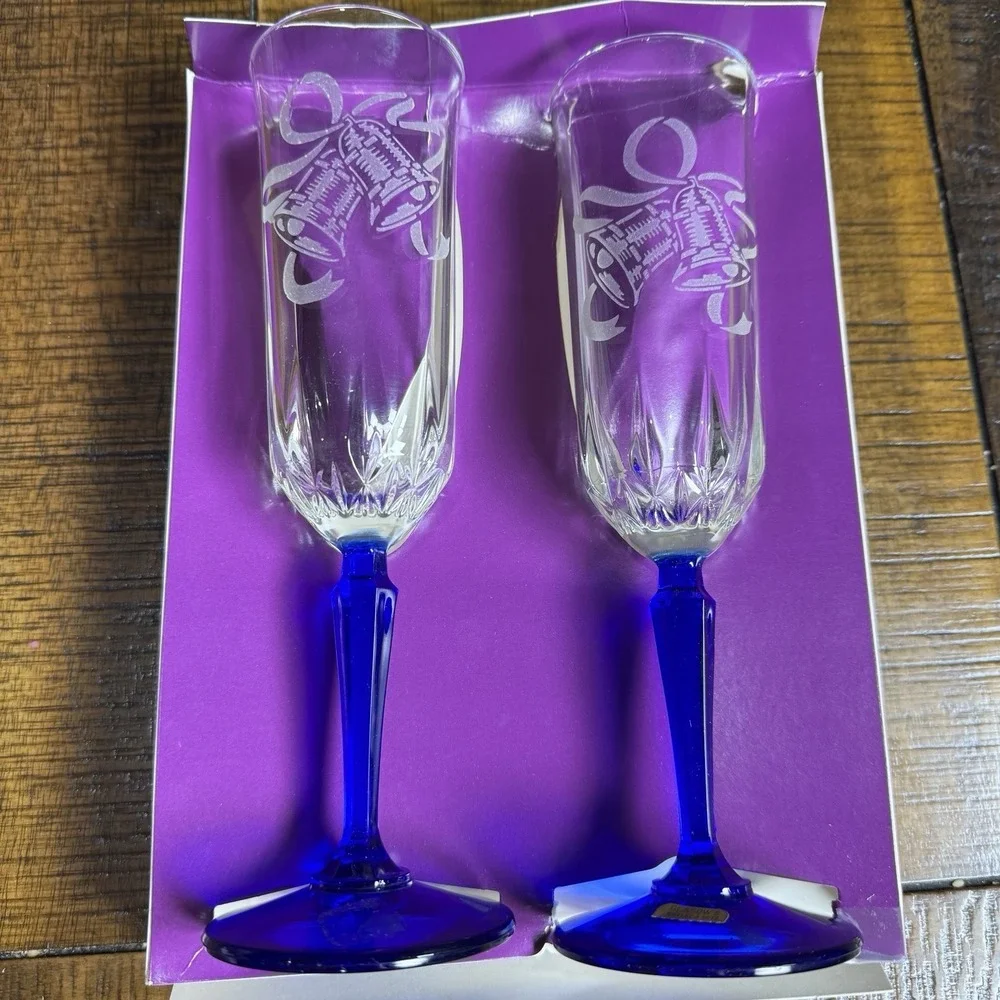 Vtg NOS Rawcliffe Bride & Groom Champagne Flutes Cobalt Blue Stems Wedding Bells